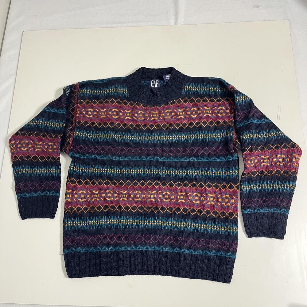 Vintage Gap Sweater Men Small Multicolor Wool Fair Isle Hong Kong Knit Coogi 80s